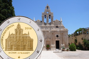 Monasterio de Arkadi y Dimitri Mitropoulos en 2 euros griegos