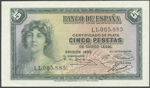 Billete de 5 pesetas de 1935 serie “L”, última emitida